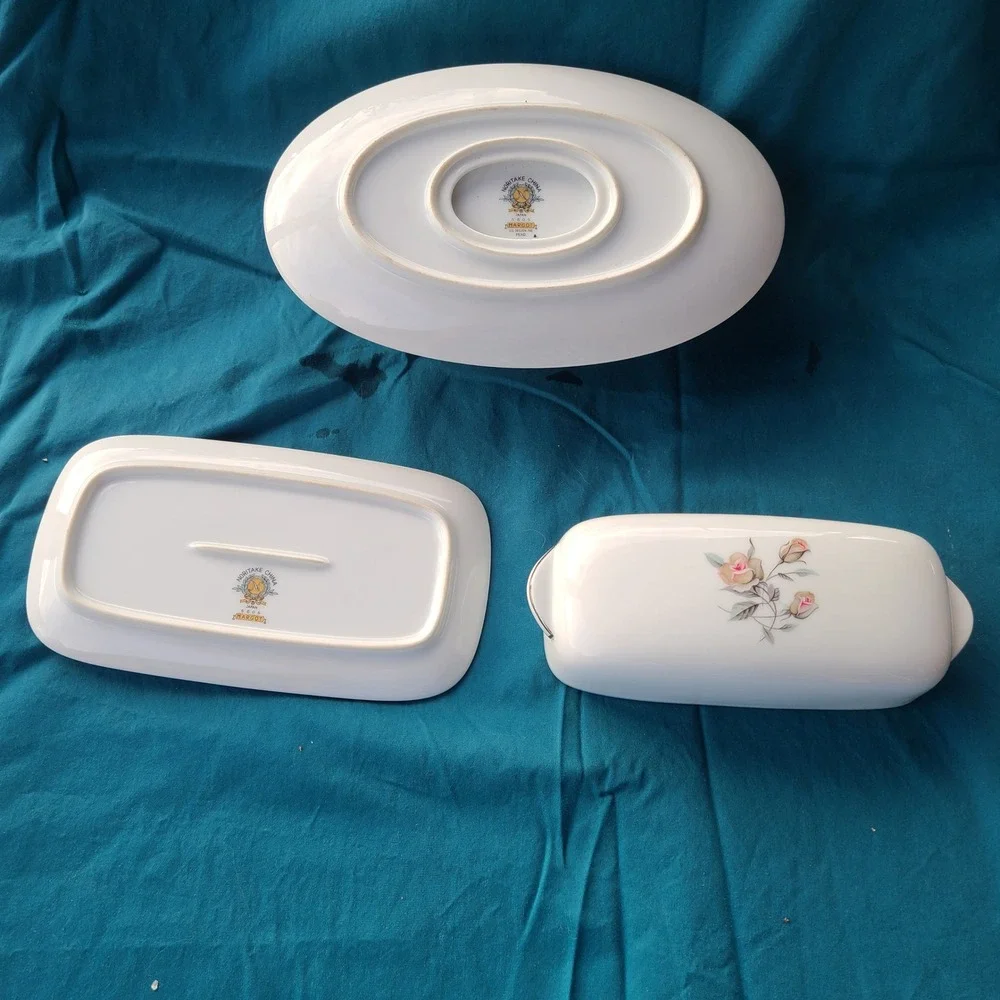 Noritake Margot 5605 Gravy Boat and Butter Dish Set White Rose Floral MCM Vintag